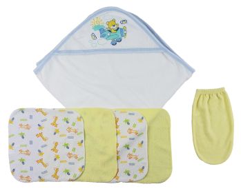Blue Hooded Towel, Washcloths and Hand Washcloth Mitt - 6 pc Set (Color: White/Blue, size: Newborn)