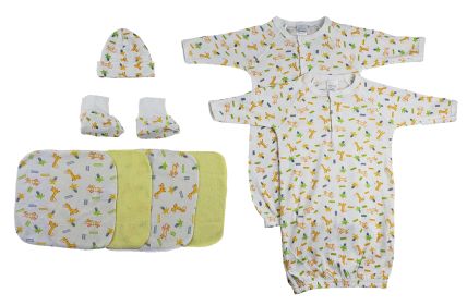 Gowns, Cap Booties and Washcloths - 8 pc Set (Color: White/Yellow, size: Newborn)